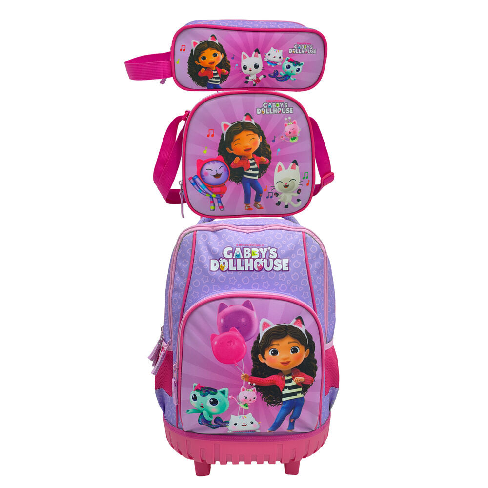 Conjunto de Mochila Escolar Trolley + Estojo + Lancheira Térmica Gabby&