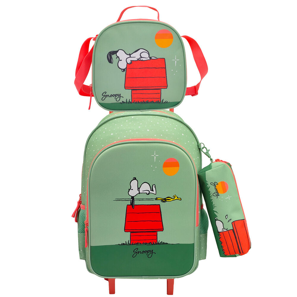 Conjunto de Mochila Escolar Trolley + Estojo + Lancheira Térmica Snoopy Peanuts