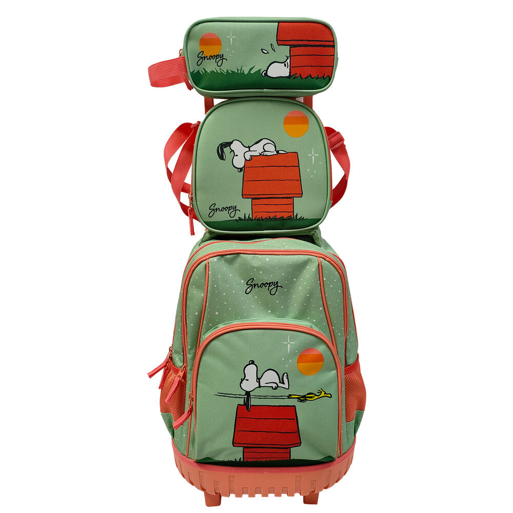 Conjunto de Mochila Escolar Trolley + Estojo + Lancheira Térmica Snoopy Peanuts