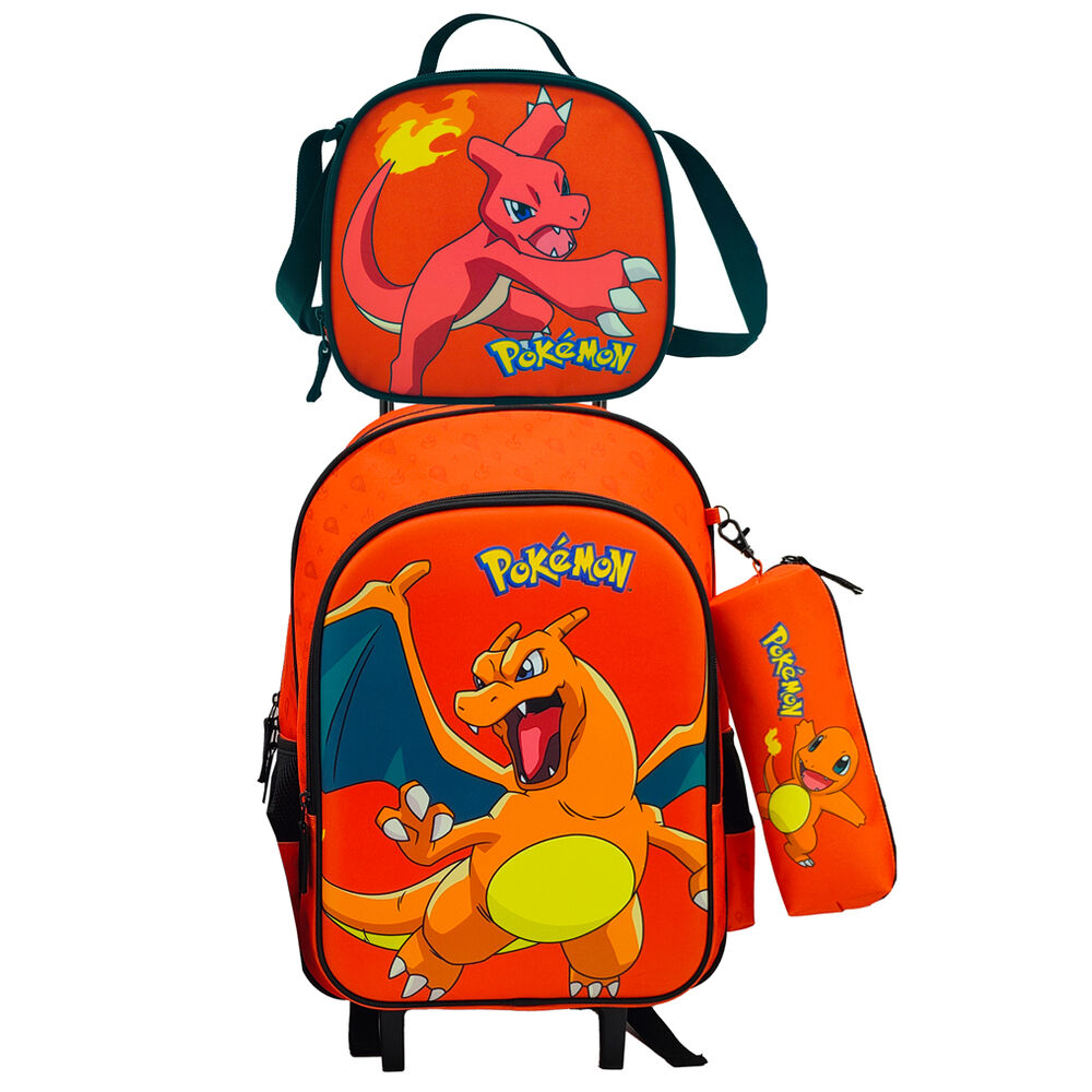 Conjunto de Mochila Escolar Trolley + Estojo + Lancheira Térmica Pokemon