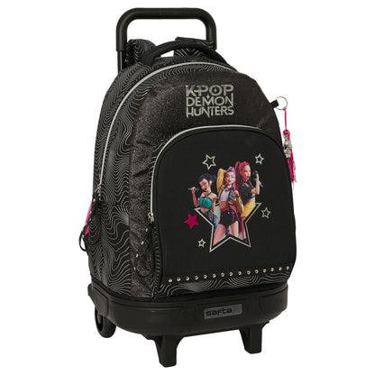 Mochila escolar grande de carrinho preta com brilhantes e rodas da marca Safta coleção Energy K-Pop Demon Hunters