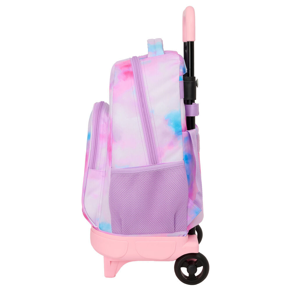 Mochila escolar de carrinho trolley removível em tons pastel rosa e azul da marca Safta coleção Artist K-Pop Demon Hunters