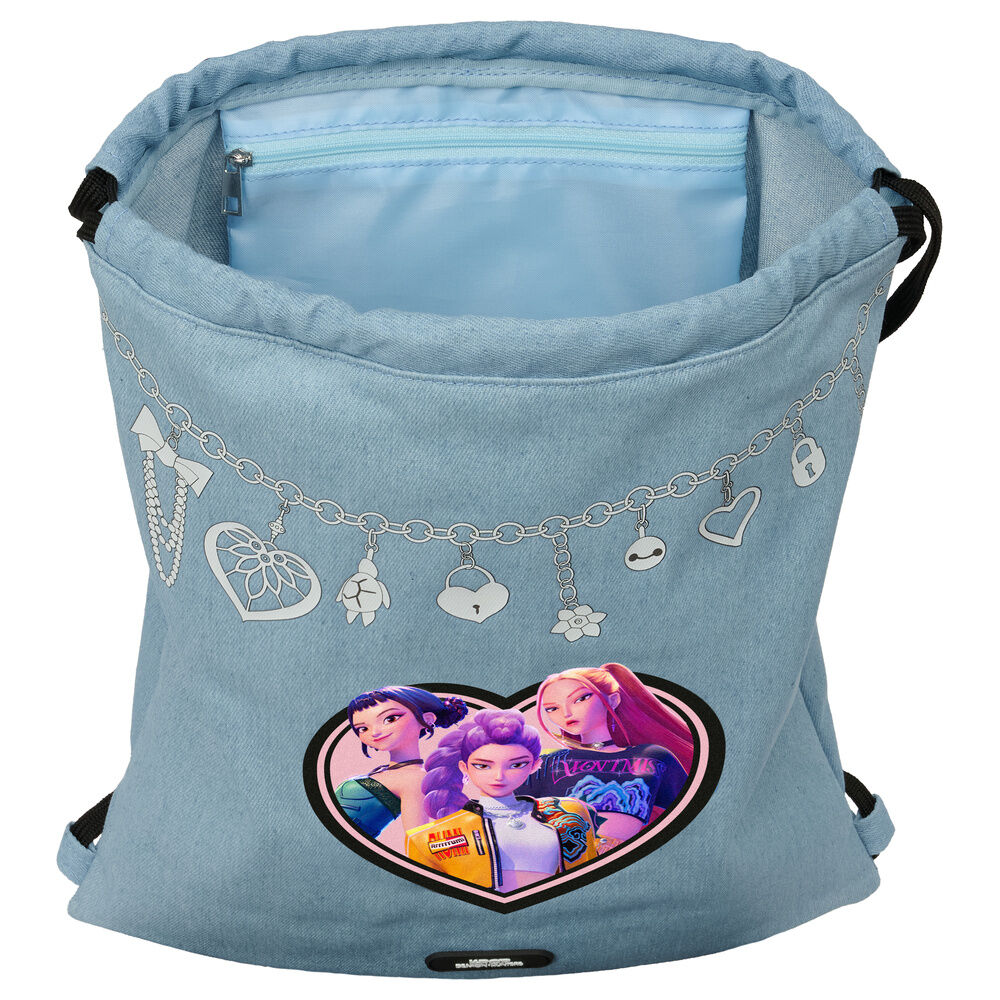 Saco de cordões escolar azul claro efeito ganga com estampado de coração das Guerreiras do K-Pop Demon Hunters