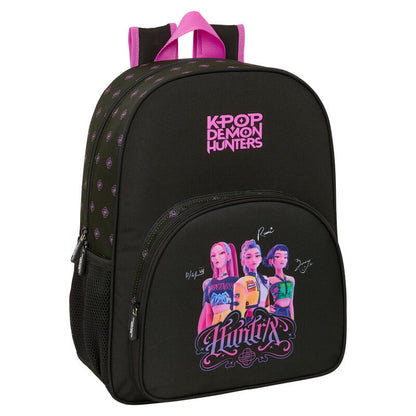 Mochila escolar de costas de 42cm adaptável a carrinho trolley em preto e rosa com bolsos de rede laterais e imagem de K-Pop Demon Hunters