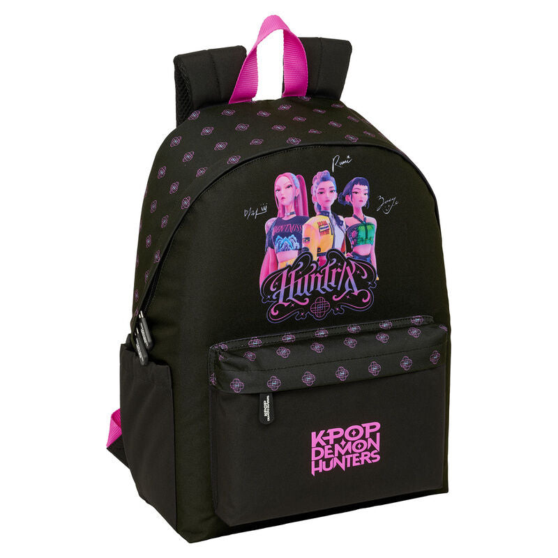 Mochila escolar de costas de 43cm para computador portátil em preto e rosa com estampa das personagens de K-Pop Demon Hunters