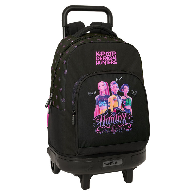 Mochila escolar com rodas trolley Safta em preto e rosa com imagem das personagens e autógrafos de K-Pop Demon Hunters