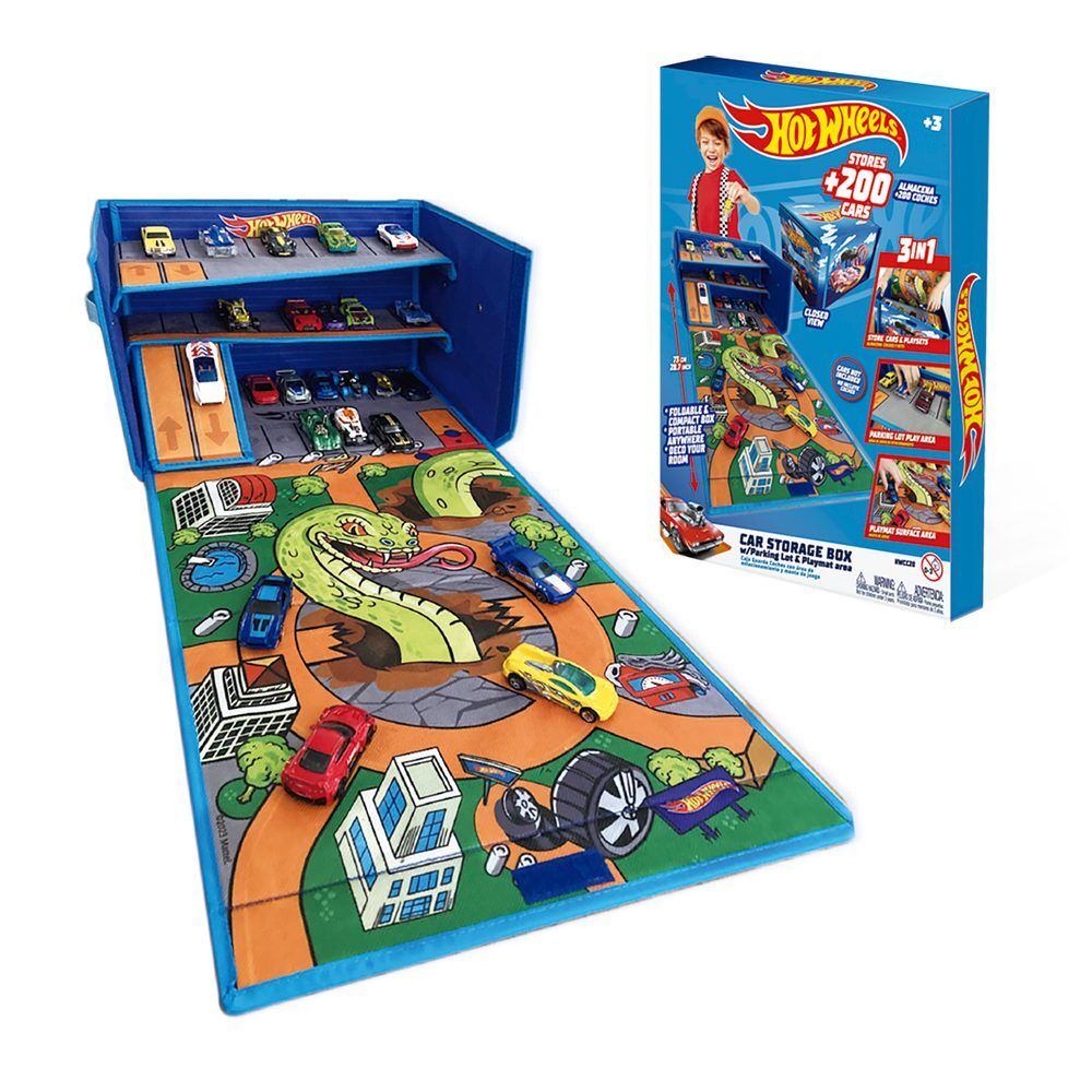 Caixa Organizadora para carrinhos Hot Wheels com pista e zona de brincar