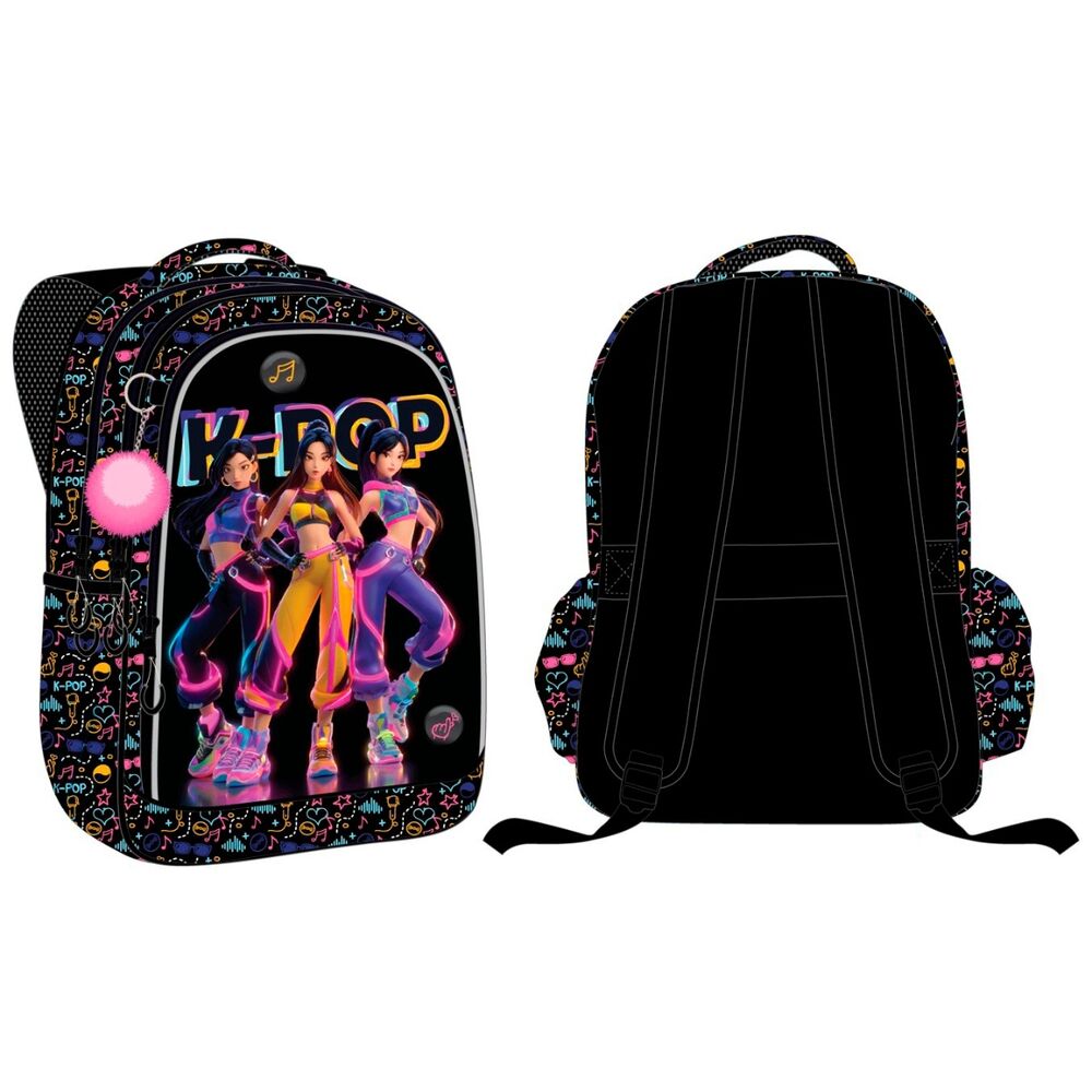Mochila Escolar 43cm com Porta-chaves Pompom e Pins em metal K-Pop