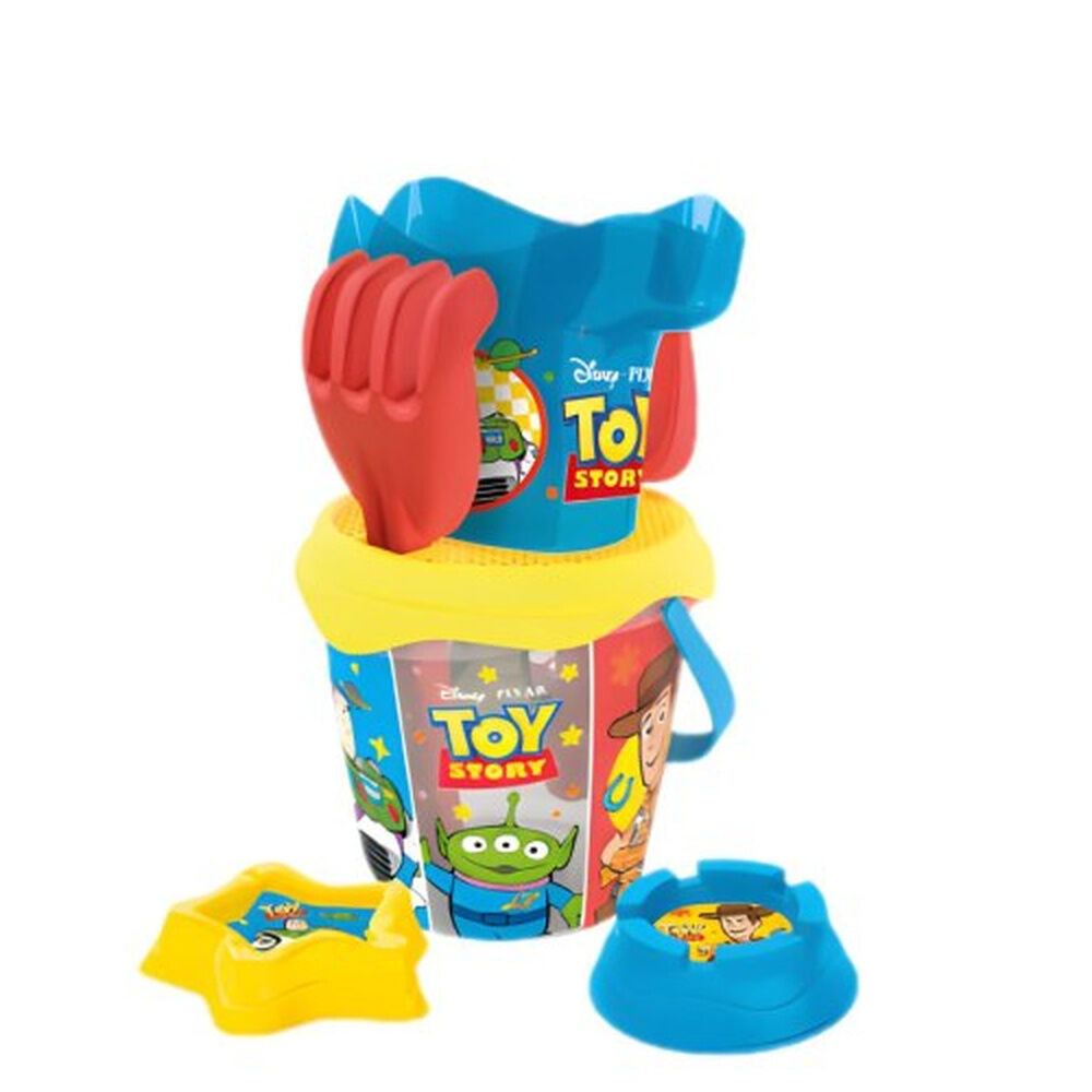 Conjunto de praia infantil de 7 peças do Toy Story com balde, pá, ancinho, formas, toalha azul com personagens Disney Pixar e bolsa de transporte transparente