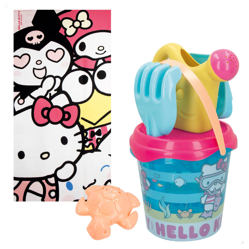 Conjunto de praia infantil de 7 peças da Hello Kitty and Friends Sanrio com balde azul, pá, ancinho, molde de tartaruga, regador amarelo, toalha grande e bolsa de transporte