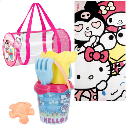 Conjunto de praia infantil de 7 peças da Hello Kitty and Friends Sanrio com balde azul, pá, ancinho, molde de tartaruga, regador amarelo, toalha grande e bolsa de transporte